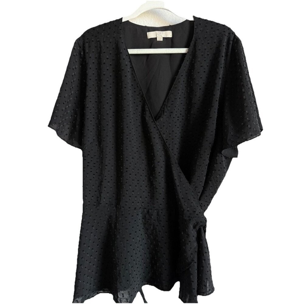 LOFT Plus Women's Black Swiss Dot‎ Short Sleeve Tie Wrap Blouse Size 22 Classic